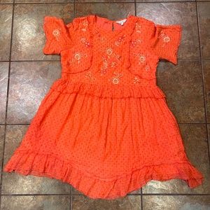 Anthropologie Ranna Gill Embroidered Tunic Dress Orange Floral Swiss Dots Sz L